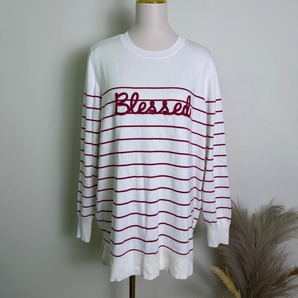 Marled Size 2X Striped Blessed Embroidered Knit Sweater